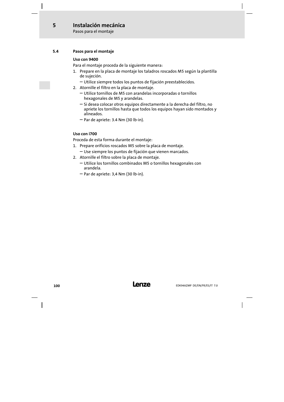 4 pasos para el montaje, Pasos para el montaje, Instalación mecánica | Lenze E94AZMP User Manual | Page 100 / 136