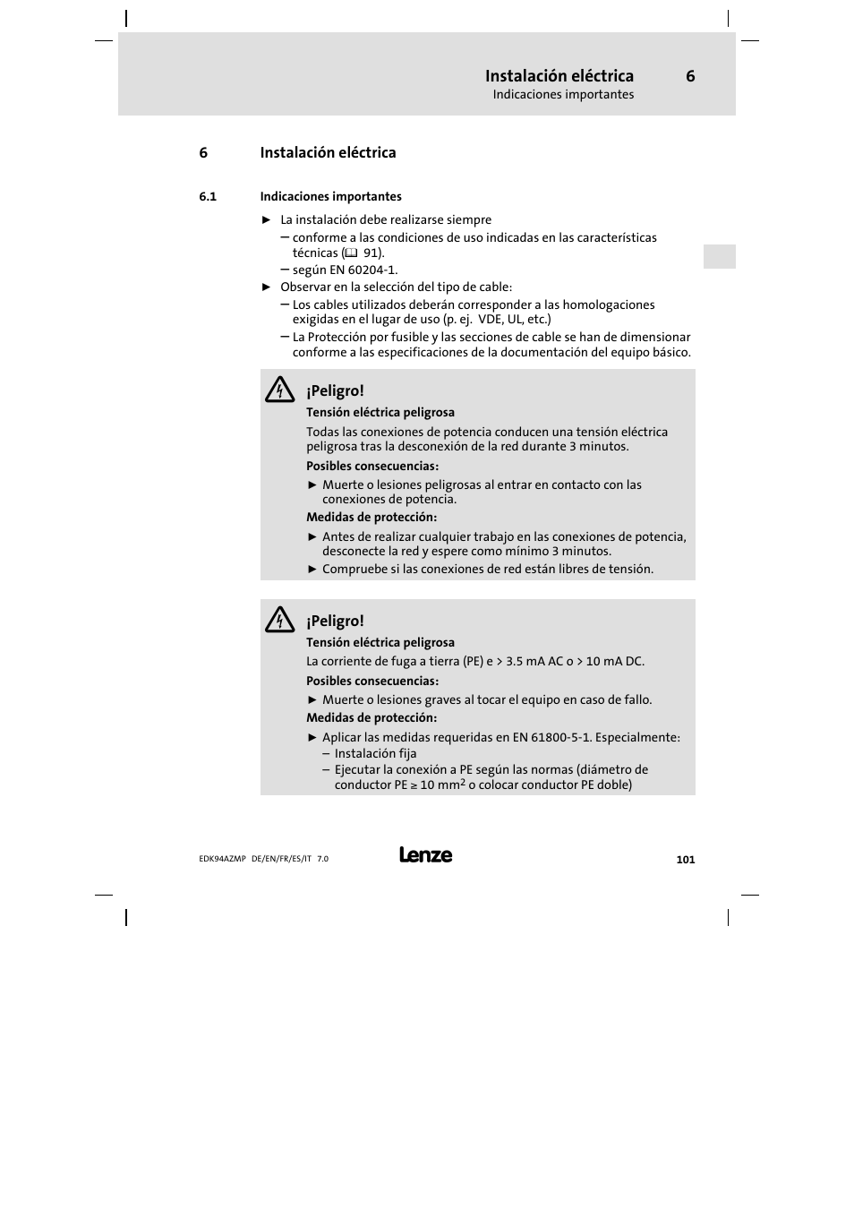 6 instalación eléctrica, 1 indicaciones importantes, Instalación eléctrica | Indicaciones importantes | Lenze E94AZMP User Manual | Page 101 / 136