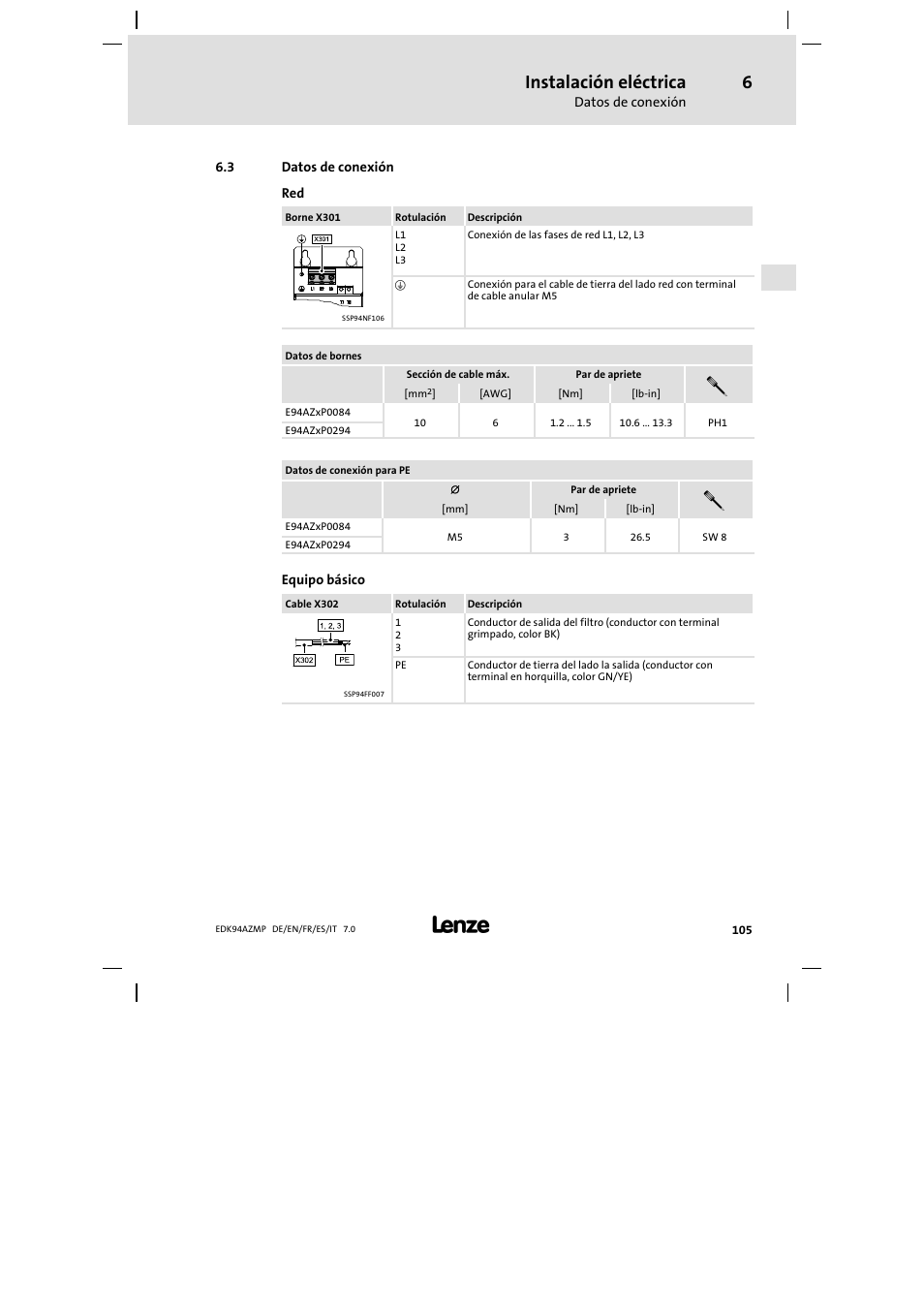 3 datos de conexión, Datos de conexión, Instalación eléctrica | Lenze E94AZMP User Manual | Page 105 / 136