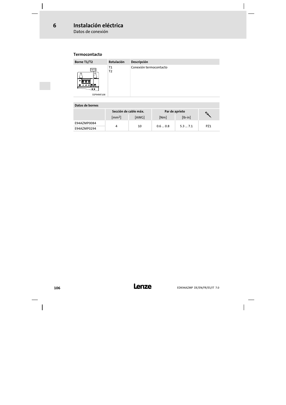 Instalación eléctrica | Lenze E94AZMP User Manual | Page 106 / 136