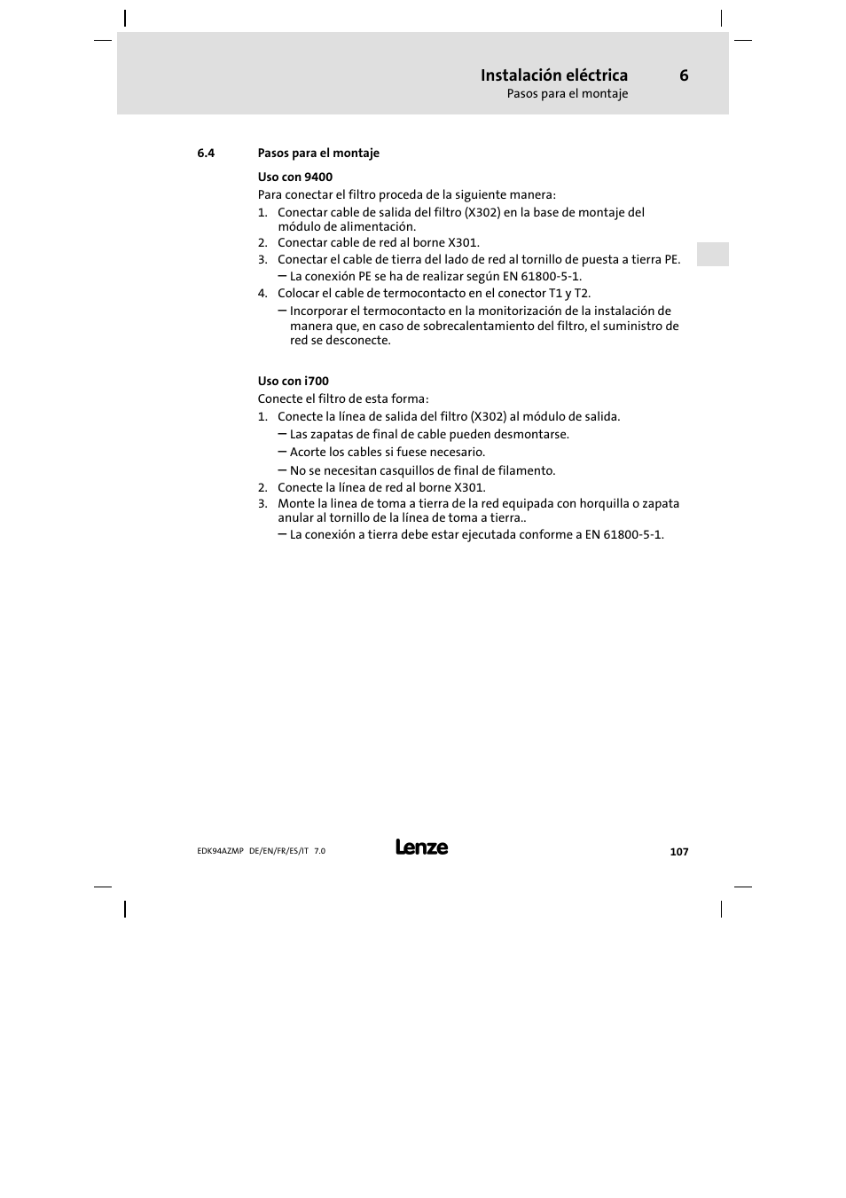 4 pasos para el montaje, Pasos para el montaje, Instalación eléctrica | Lenze E94AZMP User Manual | Page 107 / 136