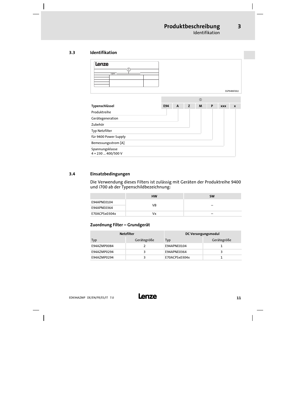 3 identifikation, 4 einsatzbedingungen, Identifikation | Einsatzbedingungen, Produktbeschreibung | Lenze E94AZMP User Manual | Page 11 / 136