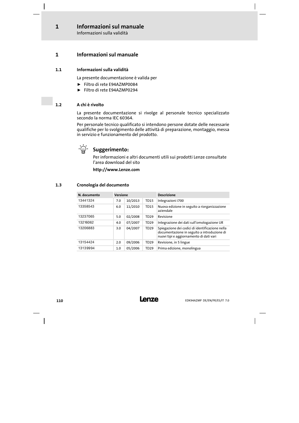 1 informazioni sul manuale, 1 informazioni sulla validità, 2 a chi è rivolto | 3 cronologia del documento, Informazioni sul manuale, Informazioni sulla validità, A chi è rivolto, Cronologia del documento, 1informazioni sul manuale, Suggerimento | Lenze E94AZMP User Manual | Page 110 / 136