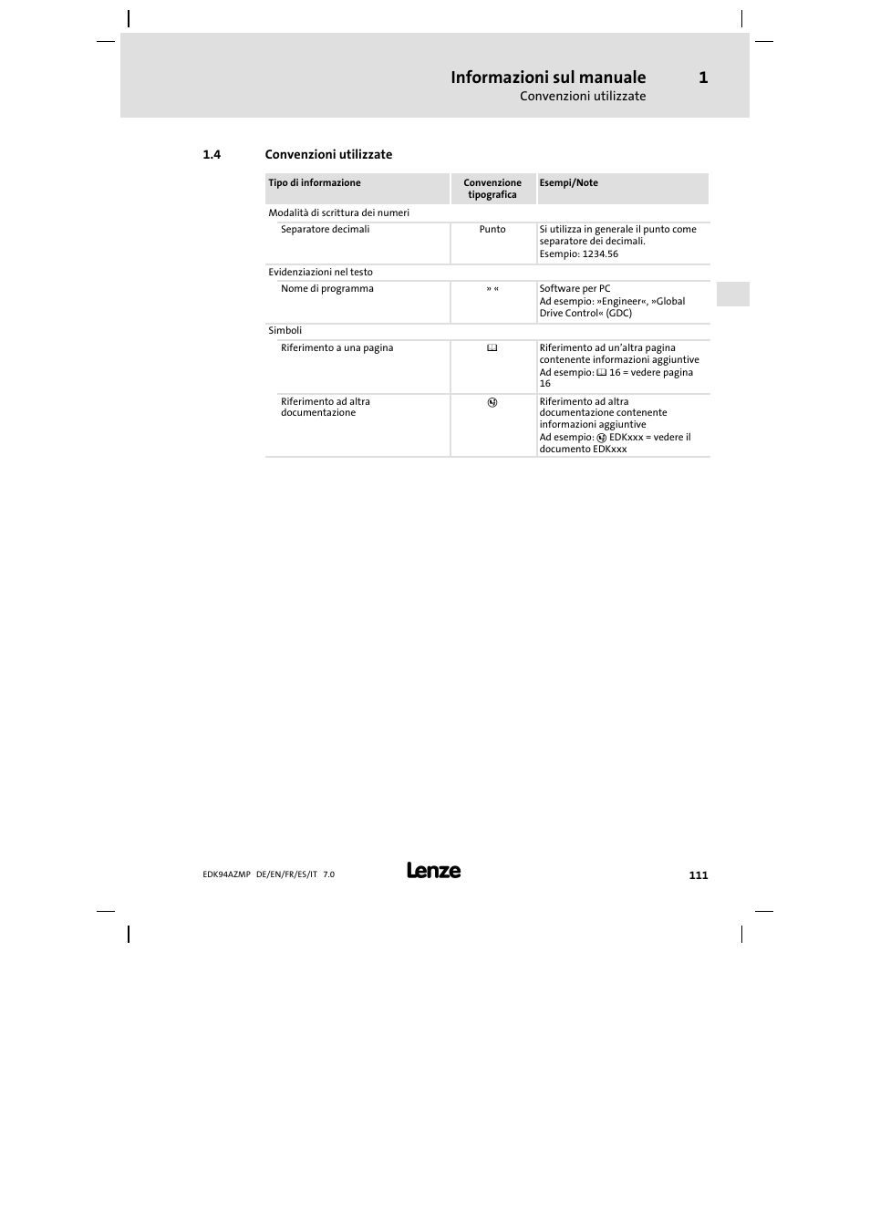 4 convenzioni utilizzate, Convenzioni utilizzate, Informazioni sul manuale | Lenze E94AZMP User Manual | Page 111 / 136