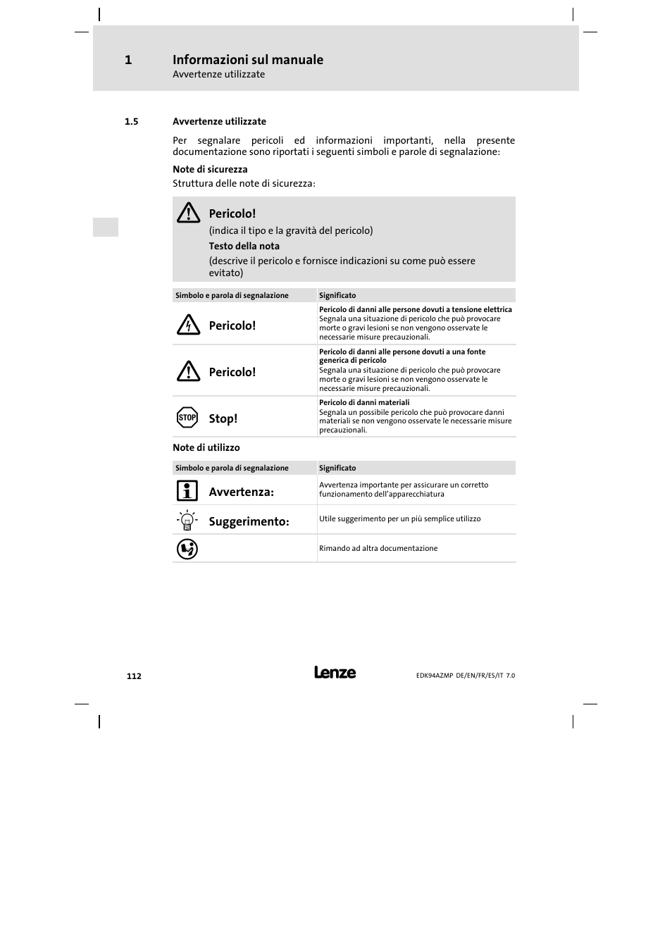 5 avvertenze utilizzate, Avvertenze utilizzate | Lenze E94AZMP User Manual | Page 112 / 136