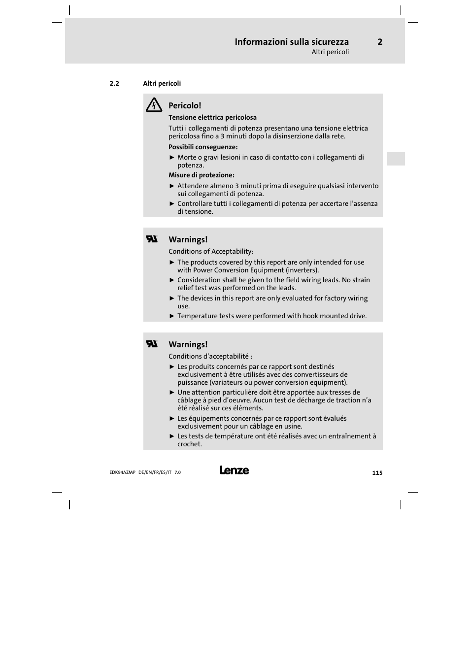 2 altri pericoli, Altri pericoli, Informazioni sulla sicurezza | Lenze E94AZMP User Manual | Page 115 / 136