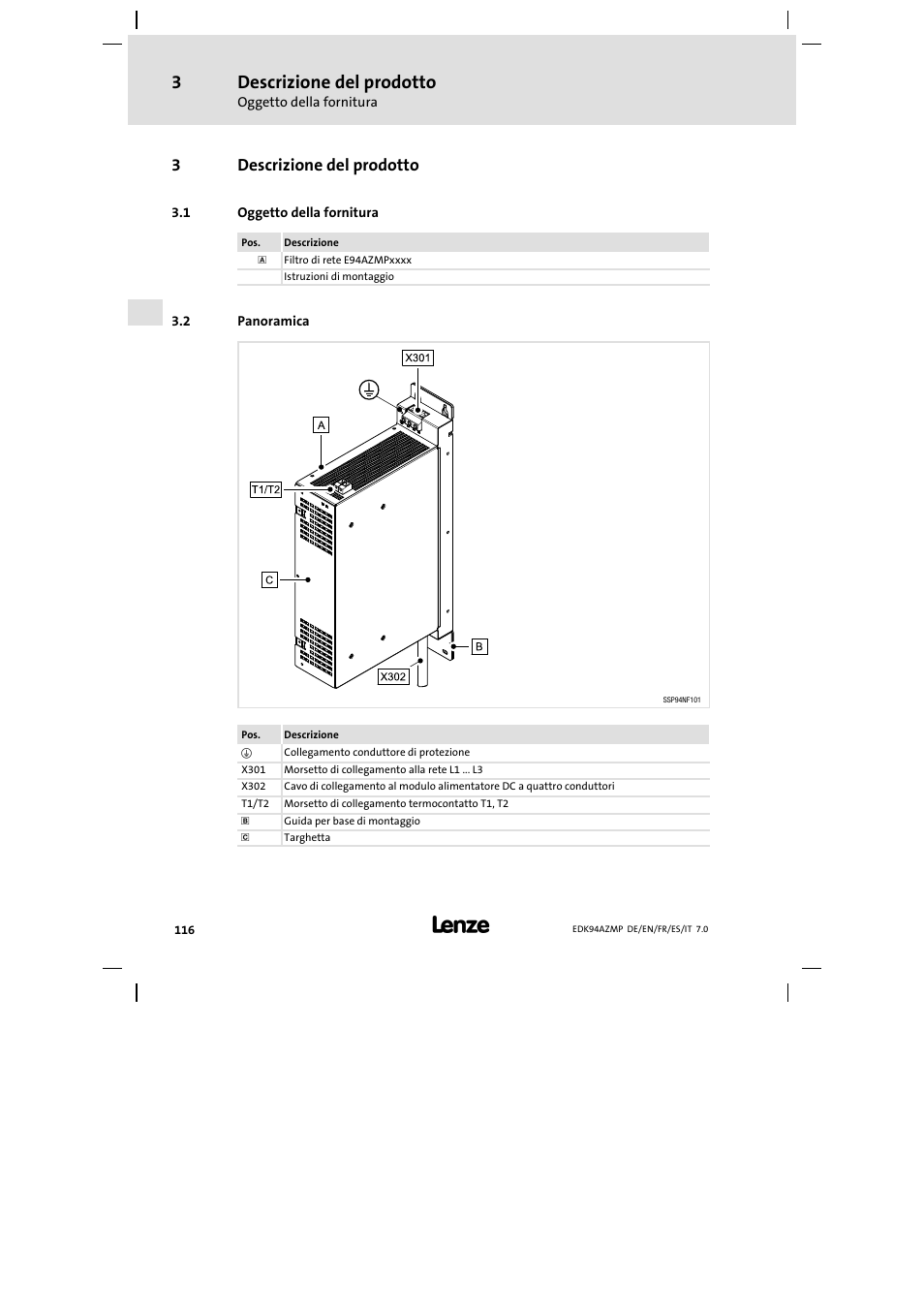 3 descrizione del prodotto, 1 oggetto della fornitura, 2 panoramica | Descrizione del prodotto, Oggetto della fornitura, Panoramica, 3descrizione del prodotto | Lenze E94AZMP User Manual | Page 116 / 136