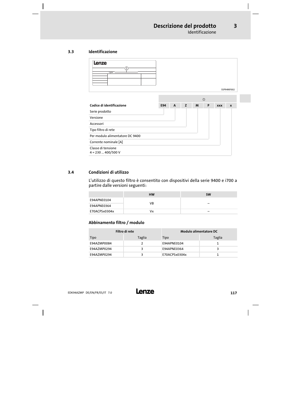 3 identificazione, 4 condizioni di utilizzo, Identificazione | Condizioni di utilizzo, Descrizione del prodotto | Lenze E94AZMP User Manual | Page 117 / 136