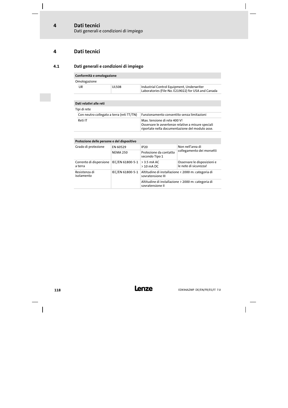 4 dati tecnici, 1 dati generali e condizioni di impiego, Dati tecnici | Dati generali e condizioni di impiego, 4dati tecnici | Lenze E94AZMP User Manual | Page 118 / 136