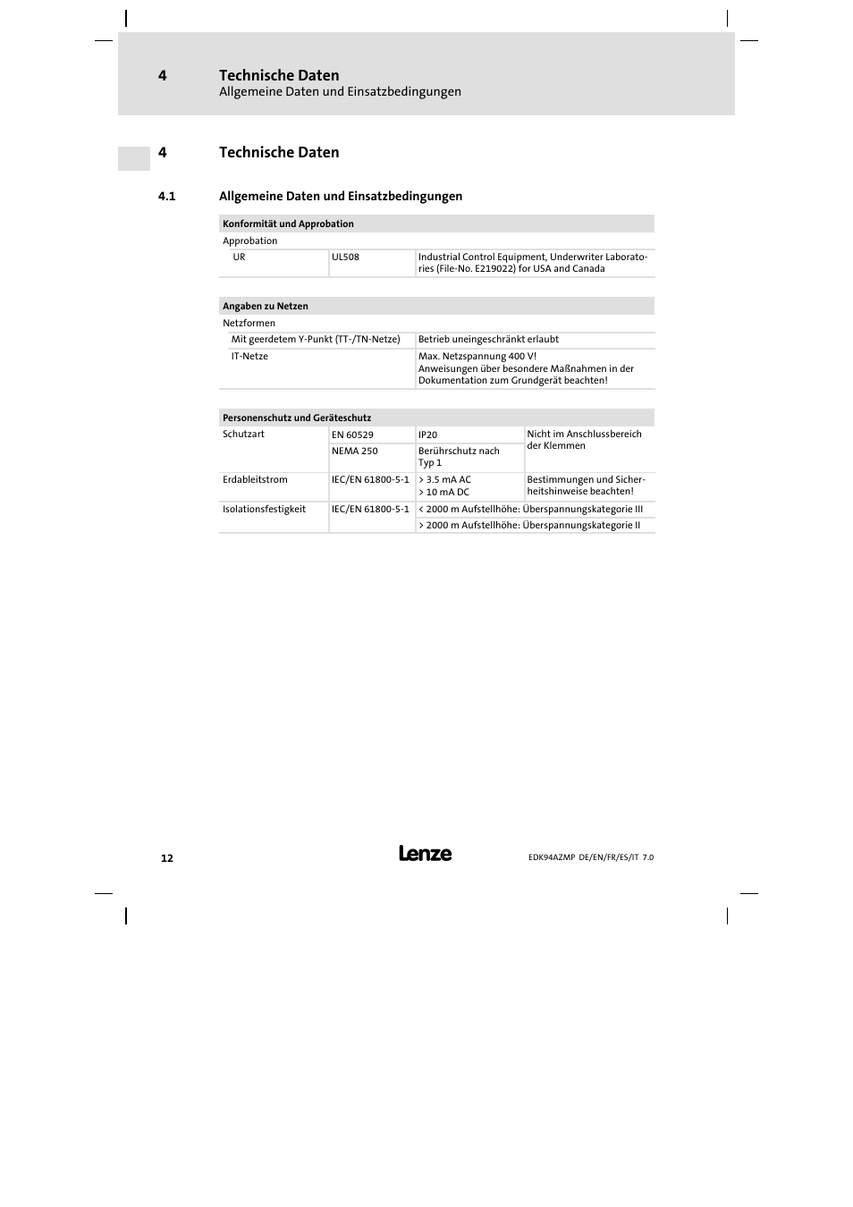 4 technische daten, 1 allgemeine daten und einsatzbedingungen, Technische daten | Allgemeine daten und einsatzbedingungen, 4technische daten | Lenze E94AZMP User Manual | Page 12 / 136