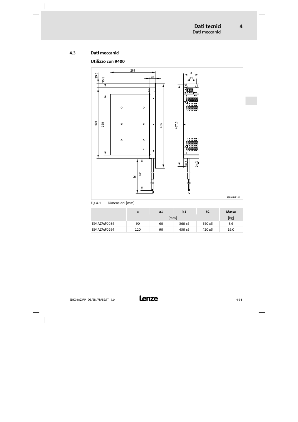 3 dati meccanici, Dati meccanici, Dati tecnici | Lenze E94AZMP User Manual | Page 121 / 136