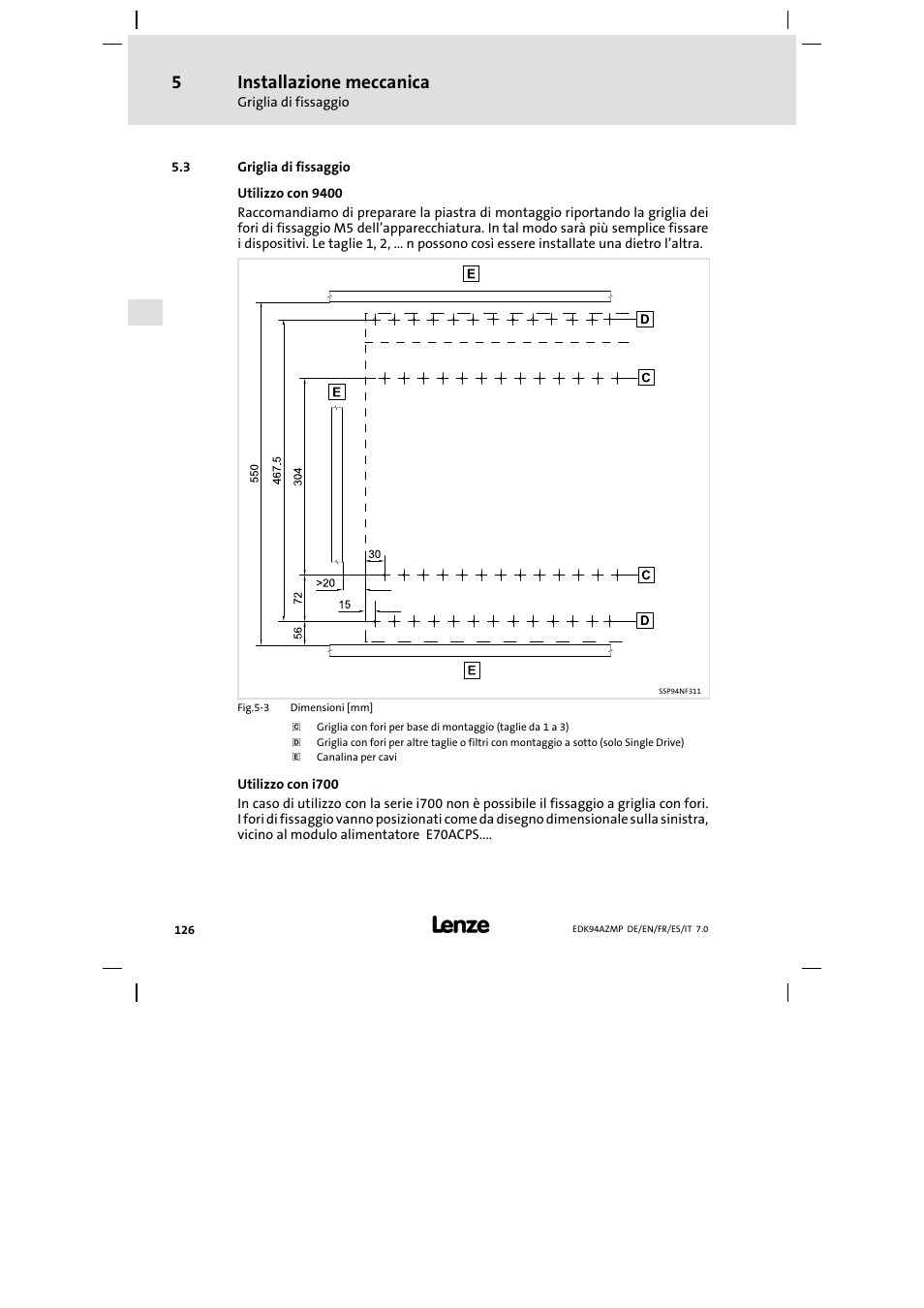 3 griglia di fissaggio, Griglia di fissaggio, Installazione meccanica | Lenze E94AZMP User Manual | Page 126 / 136