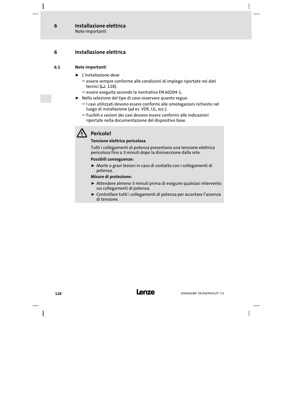 6 installazione elettrica, 1 note importanti, Installazione elettrica | Note importanti | Lenze E94AZMP User Manual | Page 128 / 136