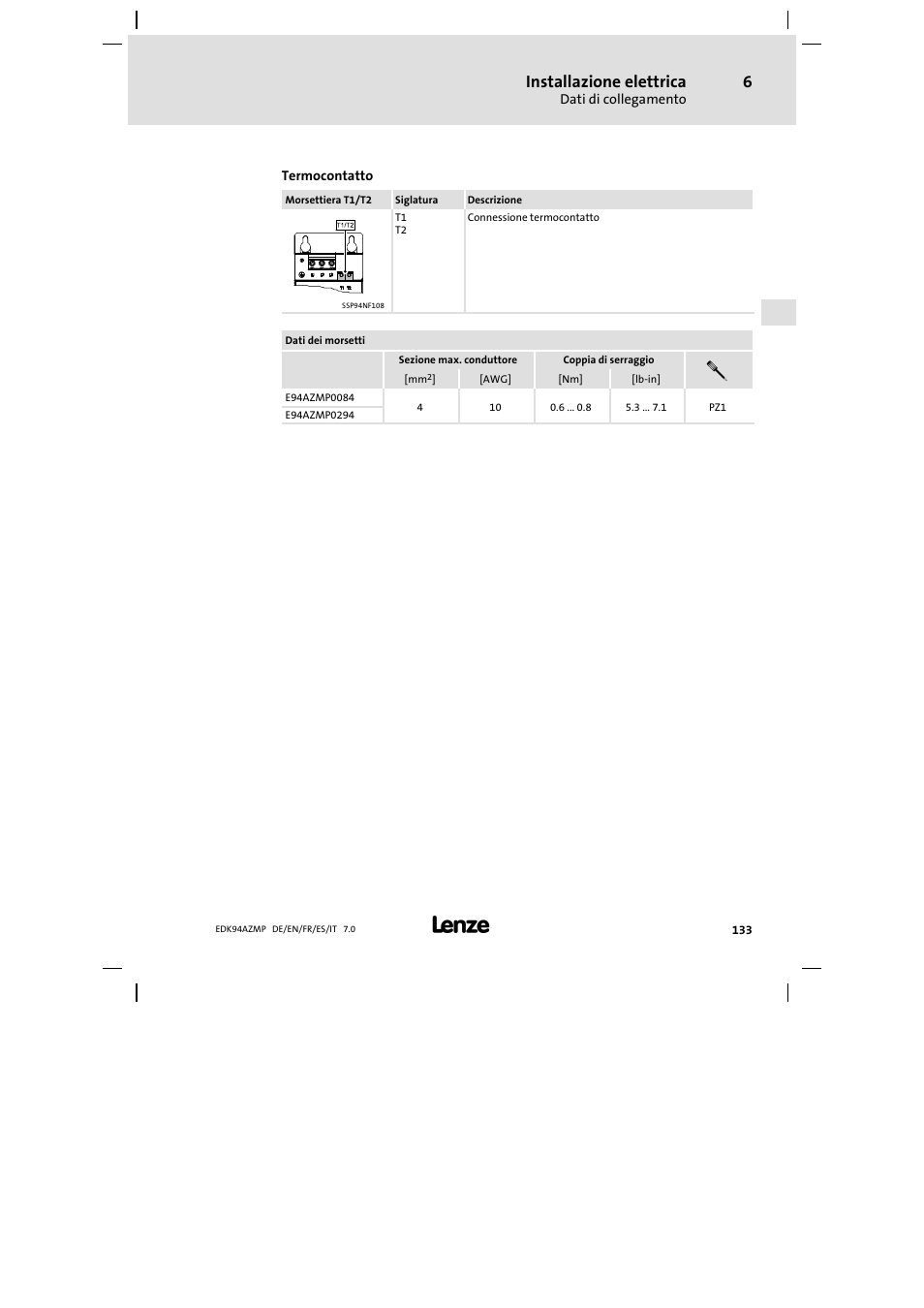 Installazione elettrica | Lenze E94AZMP User Manual | Page 133 / 136