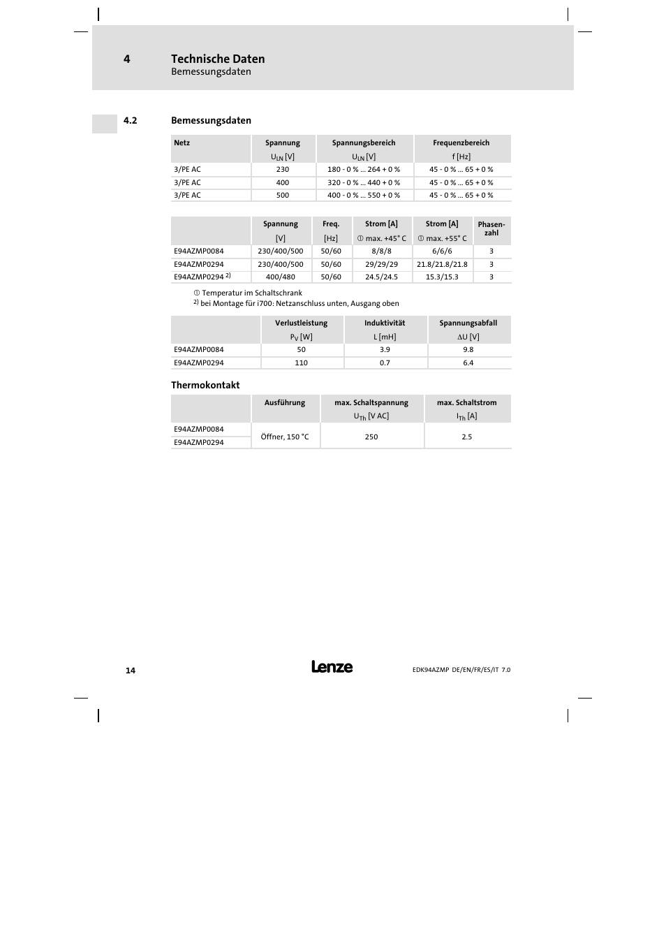 2 bemessungsdaten, Bemessungsdaten, Technische daten | Lenze E94AZMP User Manual | Page 14 / 136