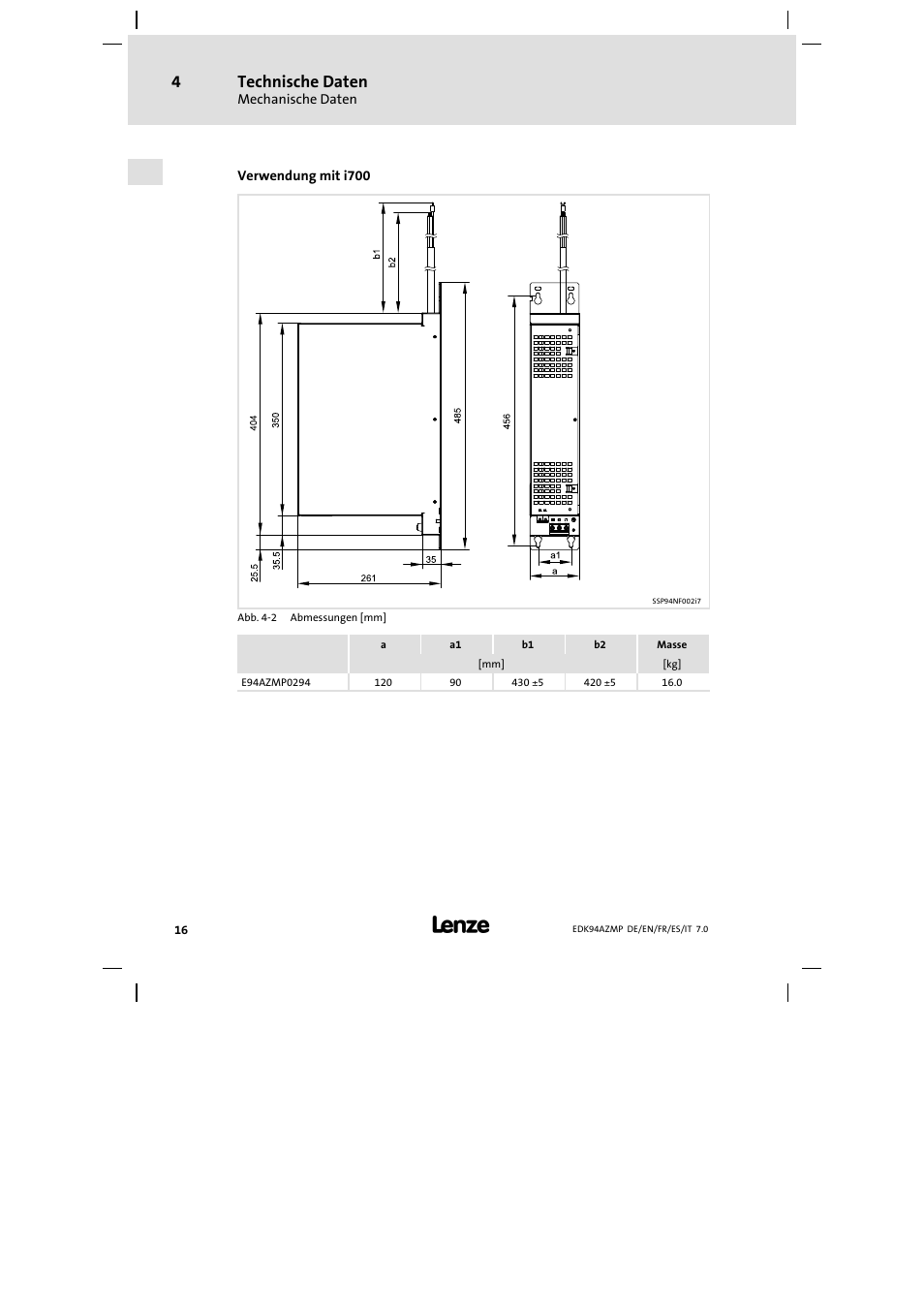 Technische daten | Lenze E94AZMP User Manual | Page 16 / 136