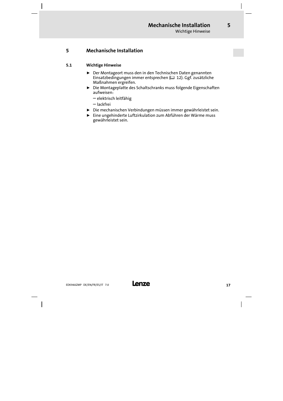 5 mechanische installation, 1 wichtige hinweise, Mechanische installation | Wichtige hinweise | Lenze E94AZMP User Manual | Page 17 / 136