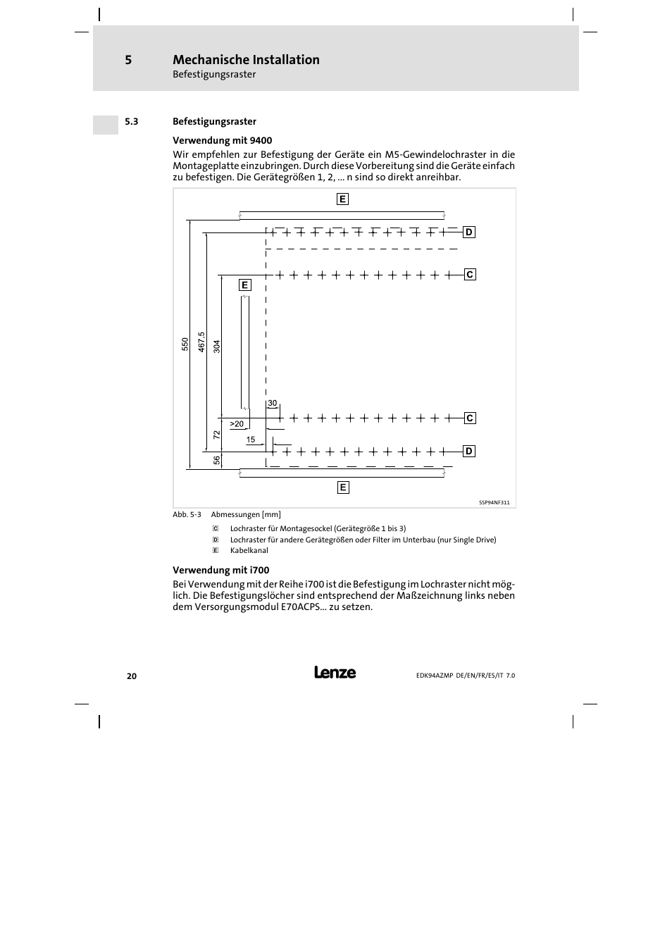 3 befestigungsraster, Befestigungsraster, Mechanische installation | Lenze E94AZMP User Manual | Page 20 / 136