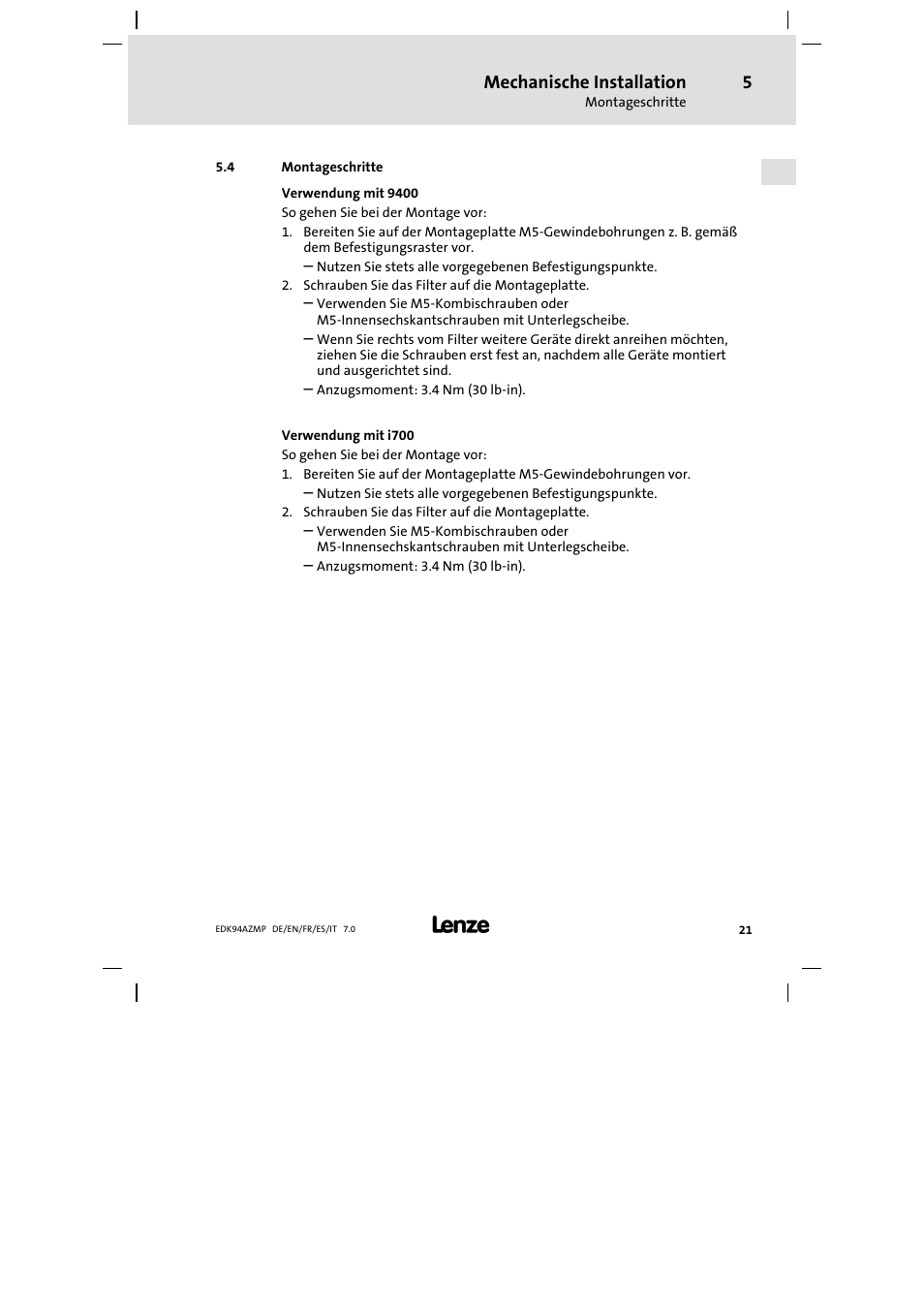 4 montageschritte, Montageschritte, Mechanische installation | Lenze E94AZMP User Manual | Page 21 / 136