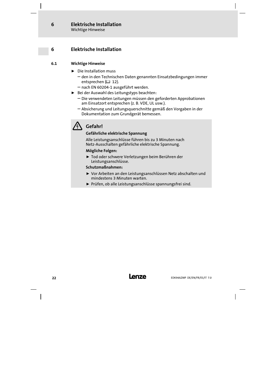 6 elektrische installation, 1 wichtige hinweise, Elektrische installation | Wichtige hinweise | Lenze E94AZMP User Manual | Page 22 / 136