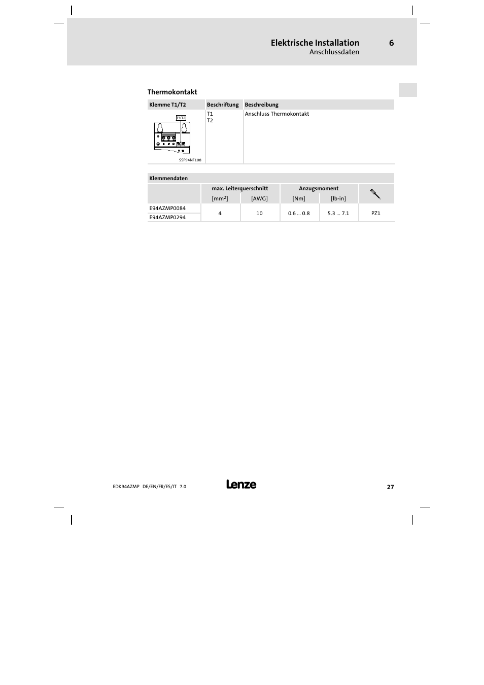 Elektrische installation | Lenze E94AZMP User Manual | Page 27 / 136