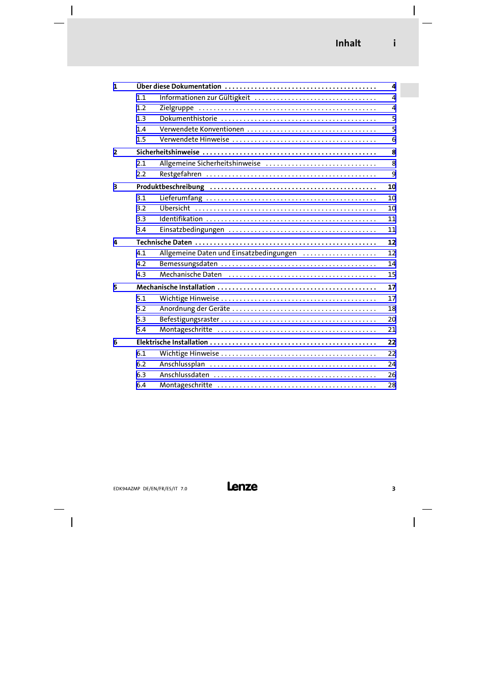 Inhalt, Inhalt i | Lenze E94AZMP User Manual | Page 3 / 136