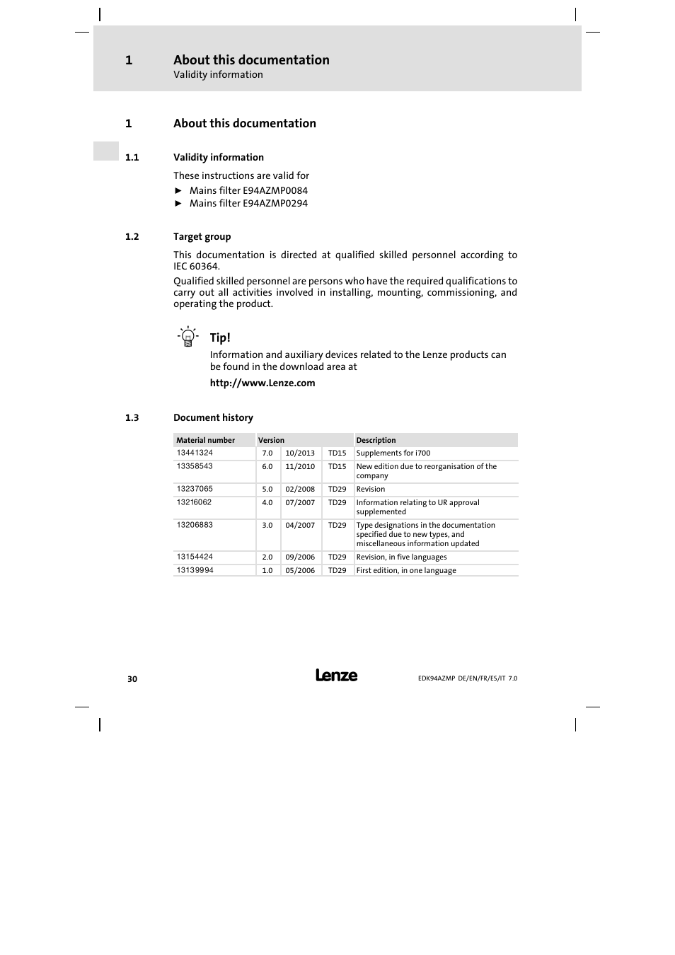 1 about this documentation, 1 validity information, 2 target group | 3 document history, About this documentation, Validity information, Target group, Document history, 1about this documentation | Lenze E94AZMP User Manual | Page 30 / 136