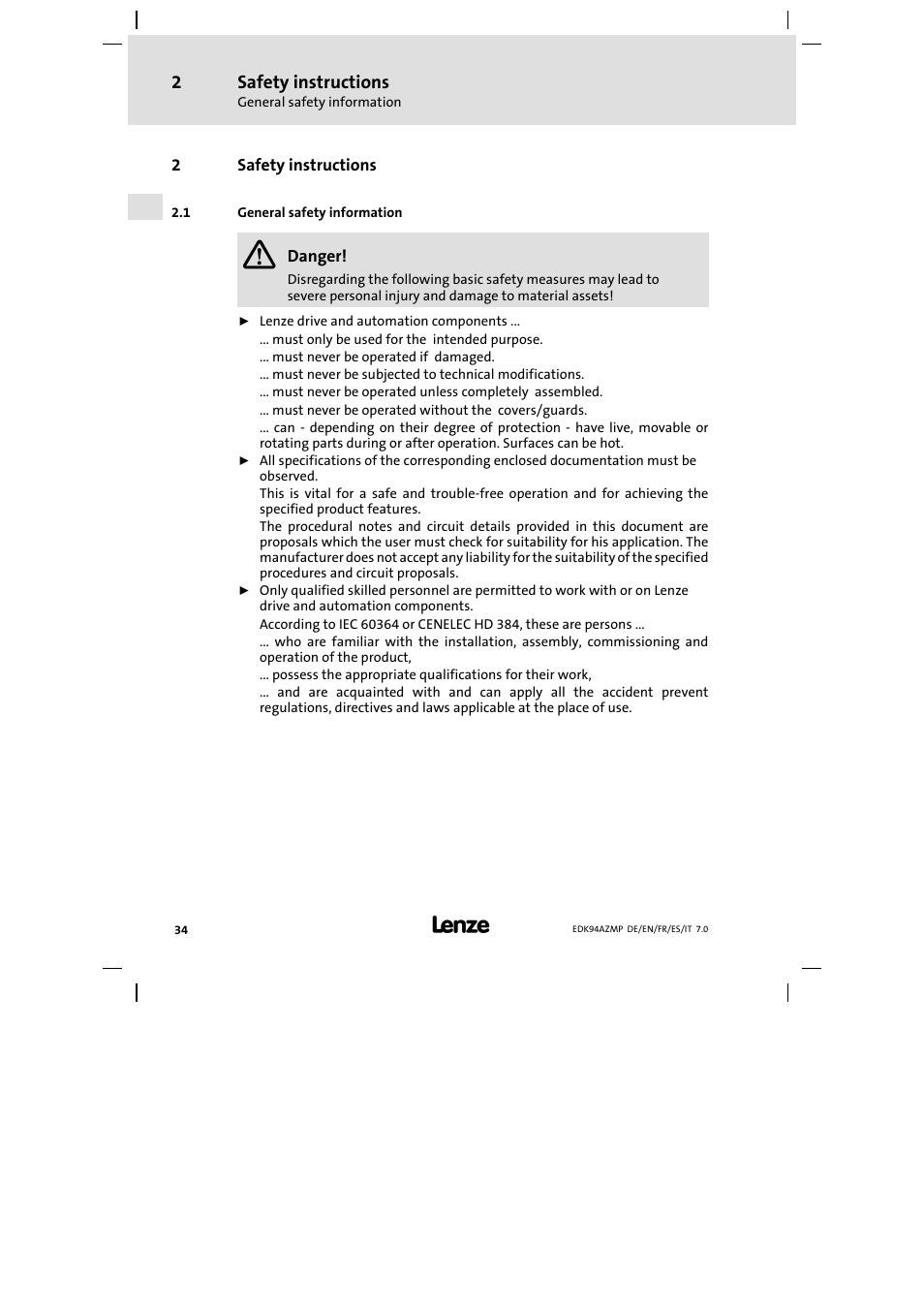 2 safety instructions, 1 general safety information, Safety instructions | General safety information | Lenze E94AZMP User Manual | Page 34 / 136