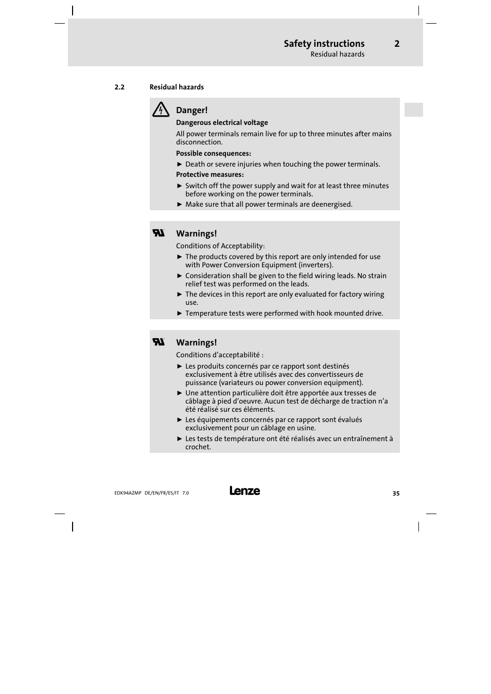 2 residual hazards, Residual hazards, Safety instructions | Lenze E94AZMP User Manual | Page 35 / 136