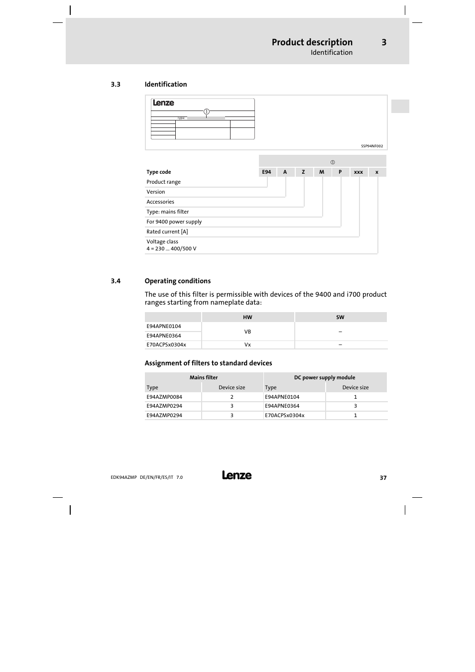 3 identification, 4 operating conditions, Identification | Operating conditions, Product description | Lenze E94AZMP User Manual | Page 37 / 136