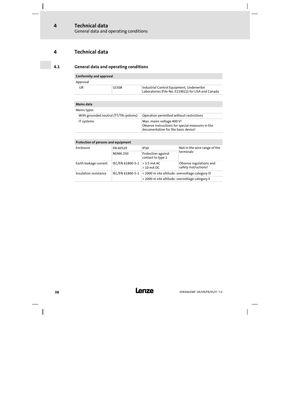 4 technical data, 1 general data and operating conditions, Technical data | General data and operating conditions, 4technical data | Lenze E94AZMP User Manual | Page 38 / 136