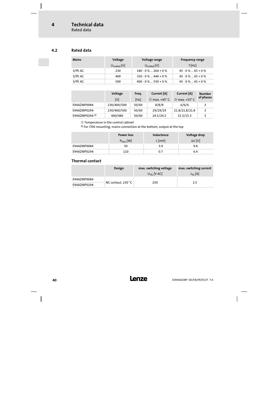 2 rated data, Rated data, Technical data | Lenze E94AZMP User Manual | Page 40 / 136