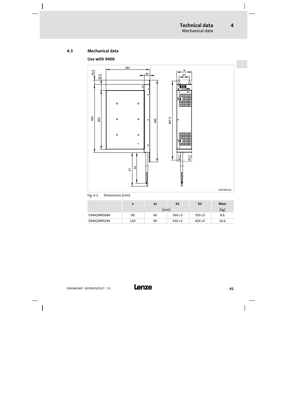 3 mechanical data, Mechanical data, Technical data | Lenze E94AZMP User Manual | Page 41 / 136