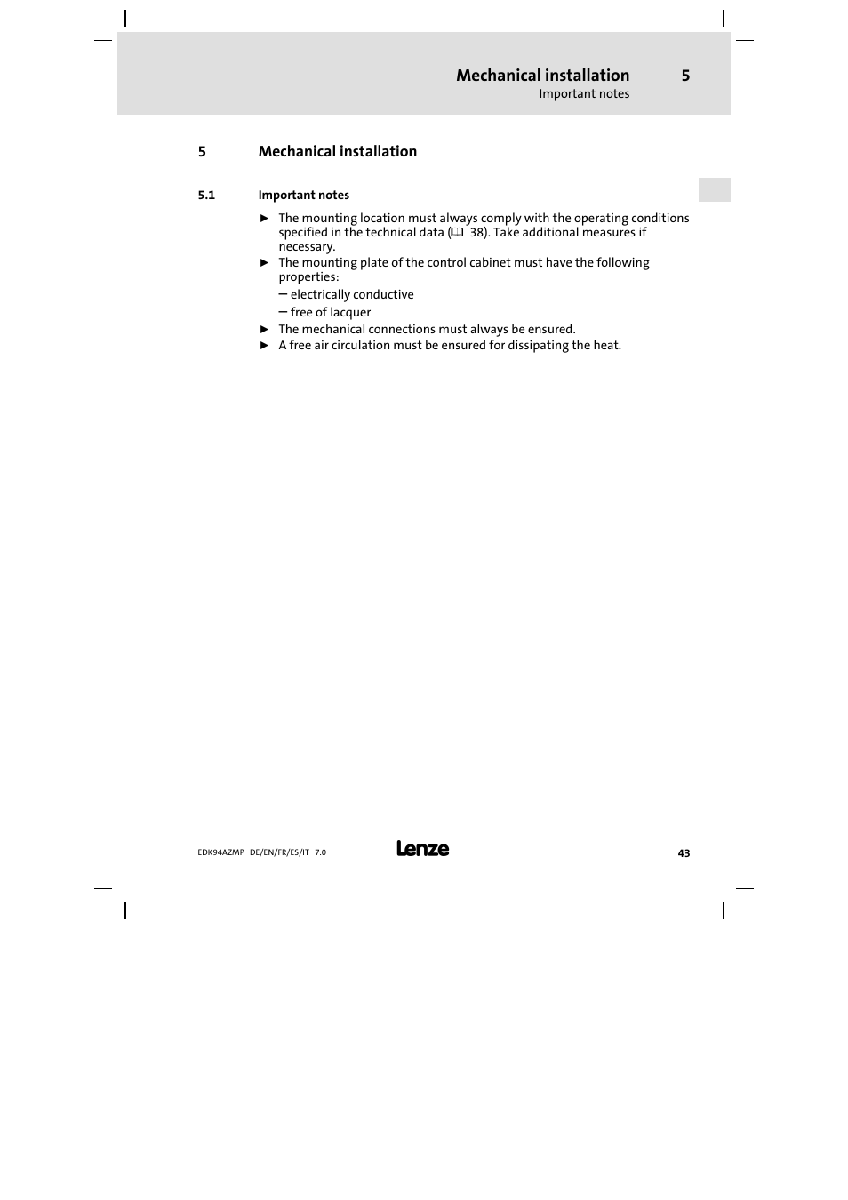 5 mechanical installation, 1 important notes, Mechanical installation | Important notes | Lenze E94AZMP User Manual | Page 43 / 136