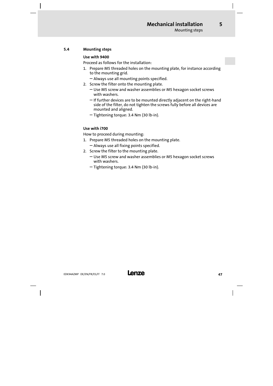 4 mounting steps, Mounting steps, Mechanical installation | Lenze E94AZMP User Manual | Page 47 / 136