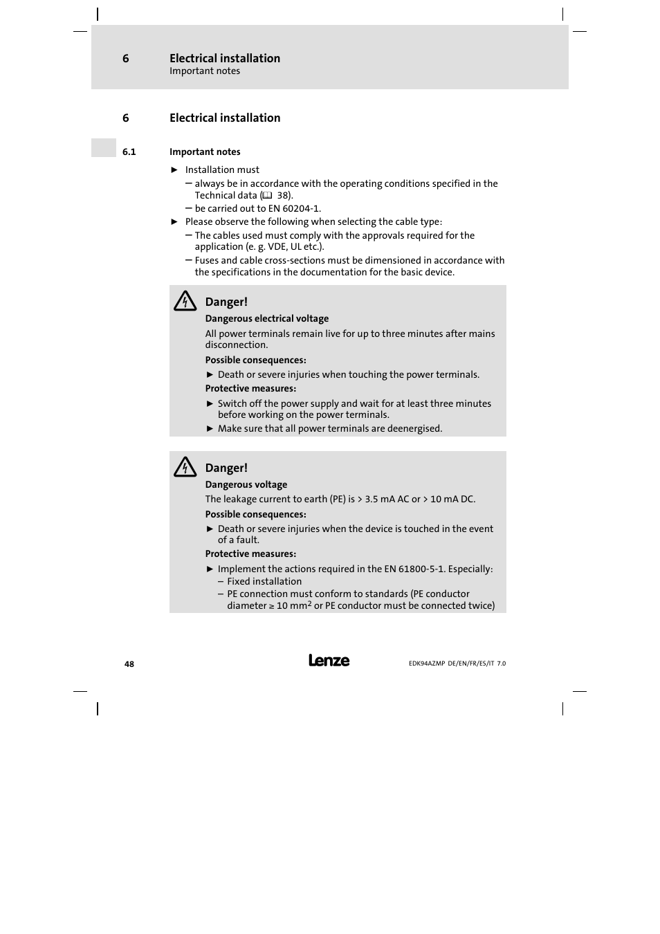 6 electrical installation, 1 important notes, Electrical installation | Important notes | Lenze E94AZMP User Manual | Page 48 / 136