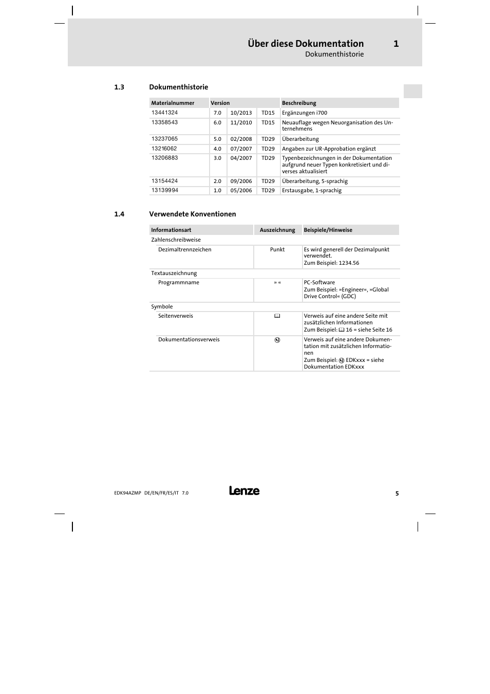 3 dokumenthistorie, 4 verwendete konventionen, Dokumenthistorie | Verwendete konventionen, Über diese dokumentation | Lenze E94AZMP User Manual | Page 5 / 136