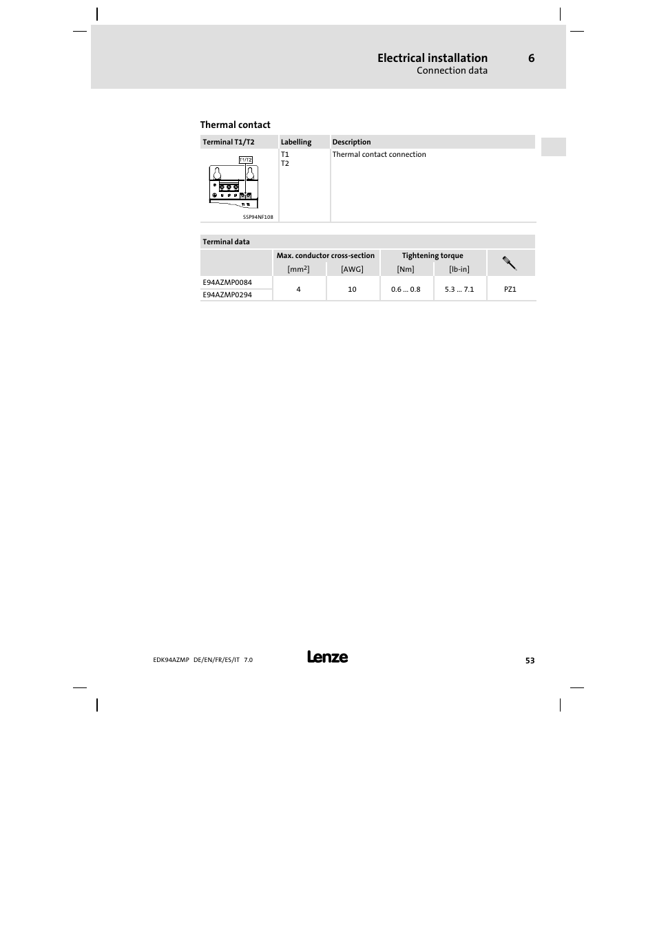 Electrical installation | Lenze E94AZMP User Manual | Page 53 / 136