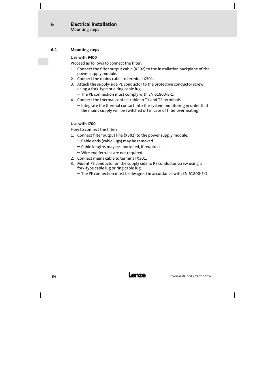 4 mounting steps, Mounting steps | Lenze E94AZMP User Manual | Page 54 / 136