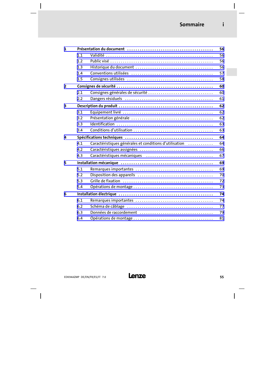 Sommaire, Sommaire i | Lenze E94AZMP User Manual | Page 55 / 136