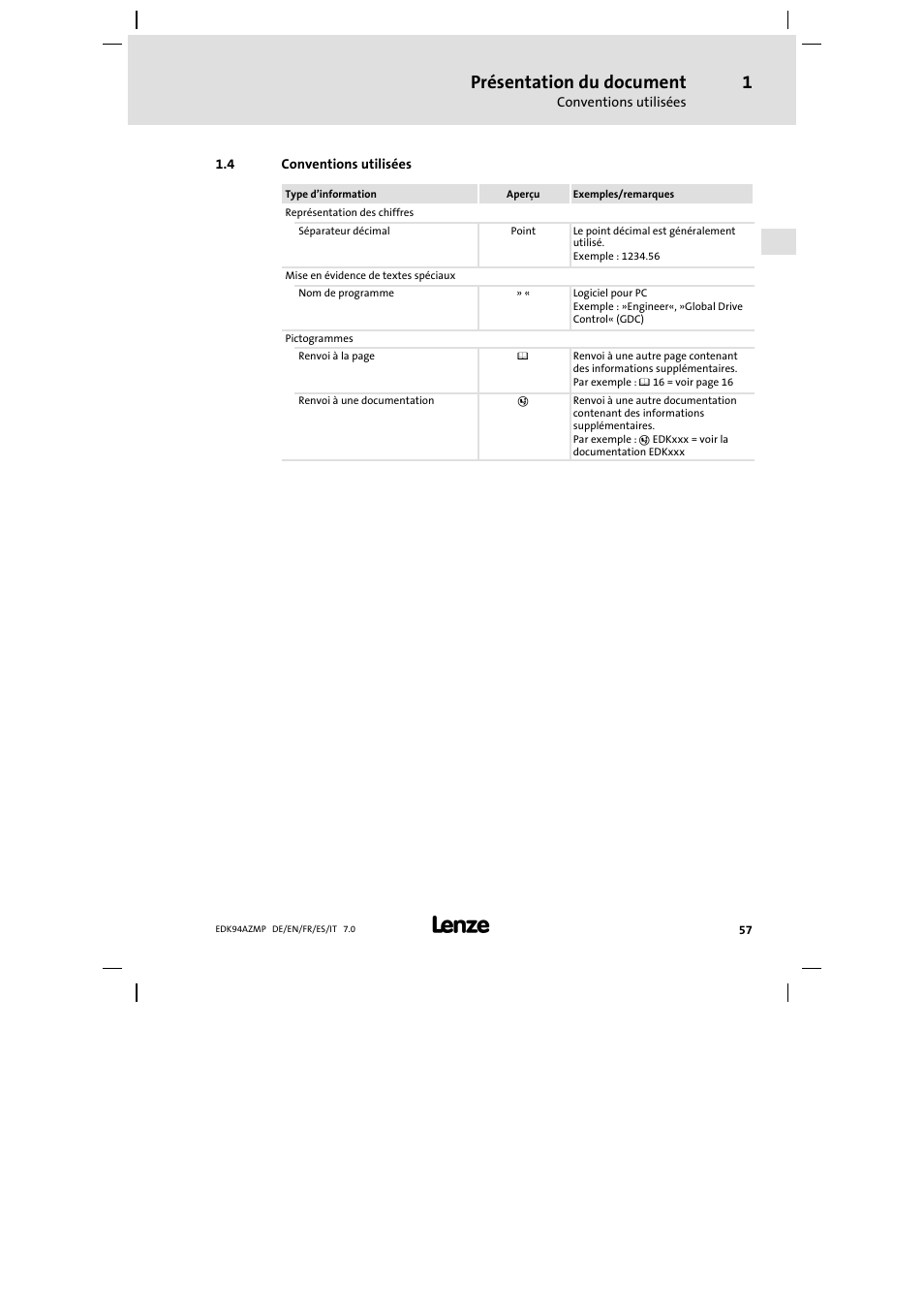 4 conventions utilisées, Conventions utilisées, Présentation du document | Lenze E94AZMP User Manual | Page 57 / 136