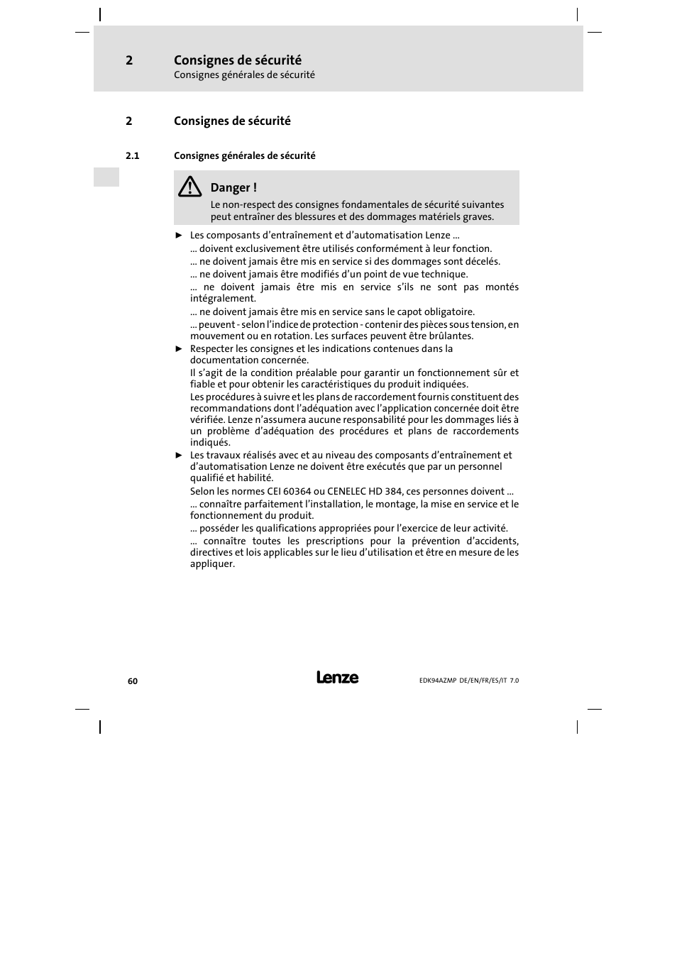 2 consignes de sécurité, 1 consignes générales de sécurité, Consignes de sécurité | Consignes générales de sécurité | Lenze E94AZMP User Manual | Page 60 / 136