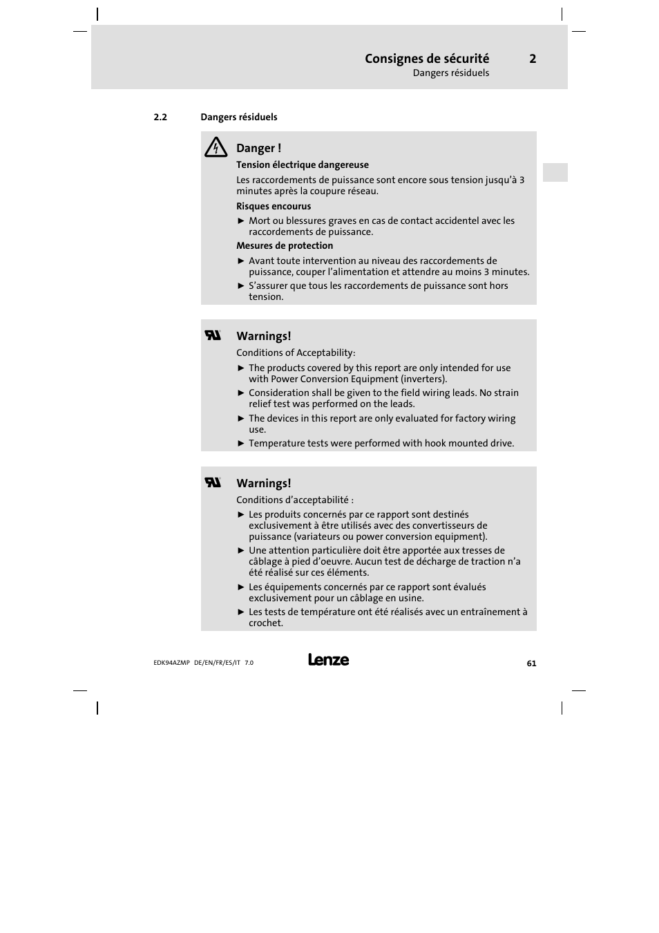 2 dangers résiduels, Dangers résiduels, Consignes de sécurité | Lenze E94AZMP User Manual | Page 61 / 136