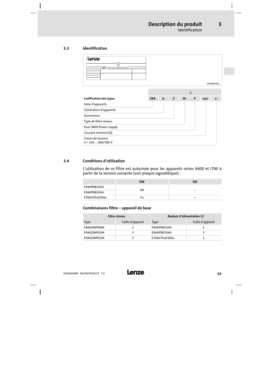 3 identification, 4 conditions d'utilisation, Identification | Conditions d’utilisation, Description du produit | Lenze E94AZMP User Manual | Page 63 / 136