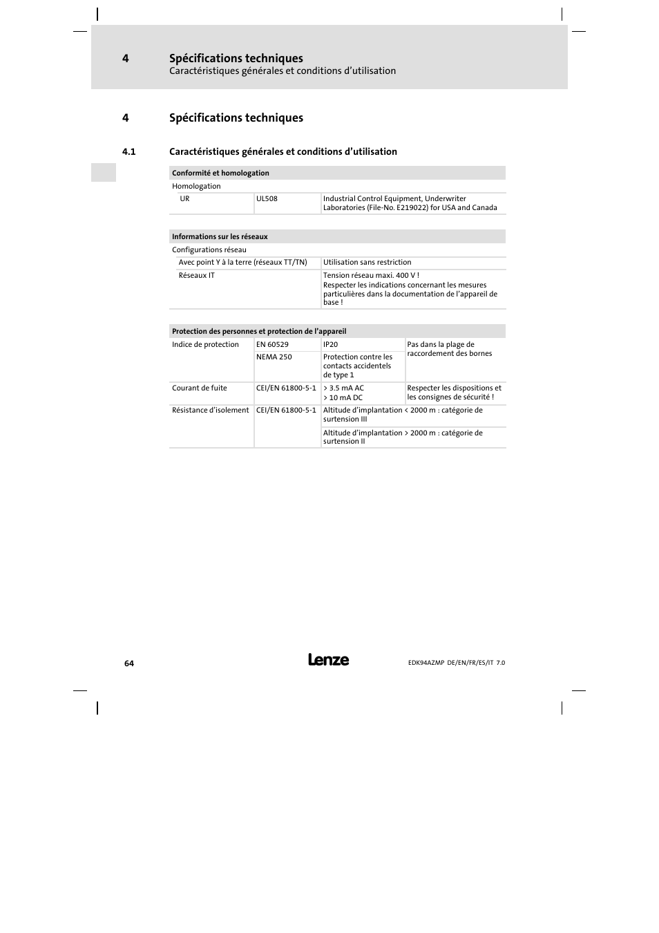 4 spécifications techniques, Spécifications techniques, 4spécifications techniques | Lenze E94AZMP User Manual | Page 64 / 136