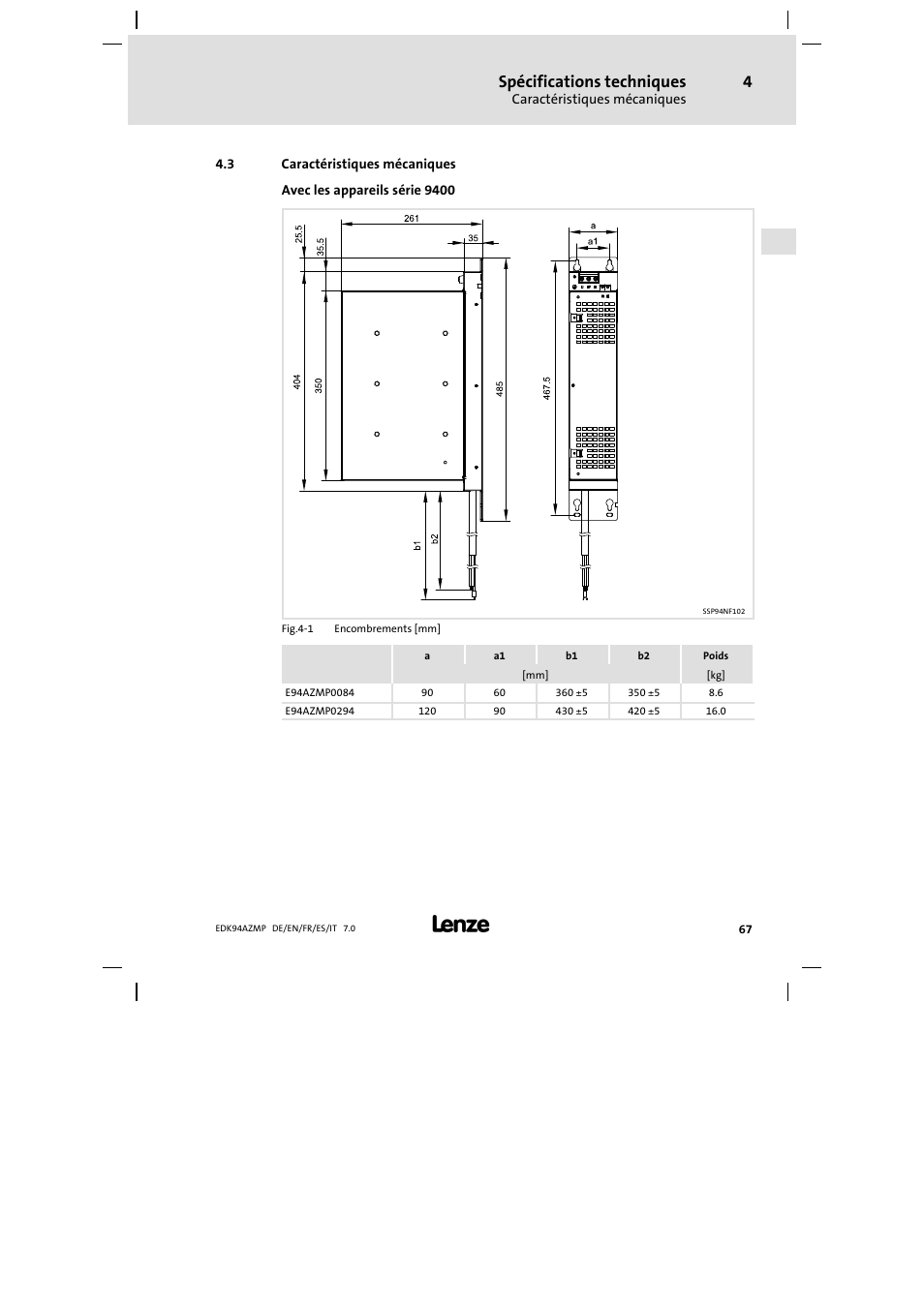 3 caractéristiques mécaniques, Caractéristiques mécaniques, Spécifications techniques | Lenze E94AZMP User Manual | Page 67 / 136