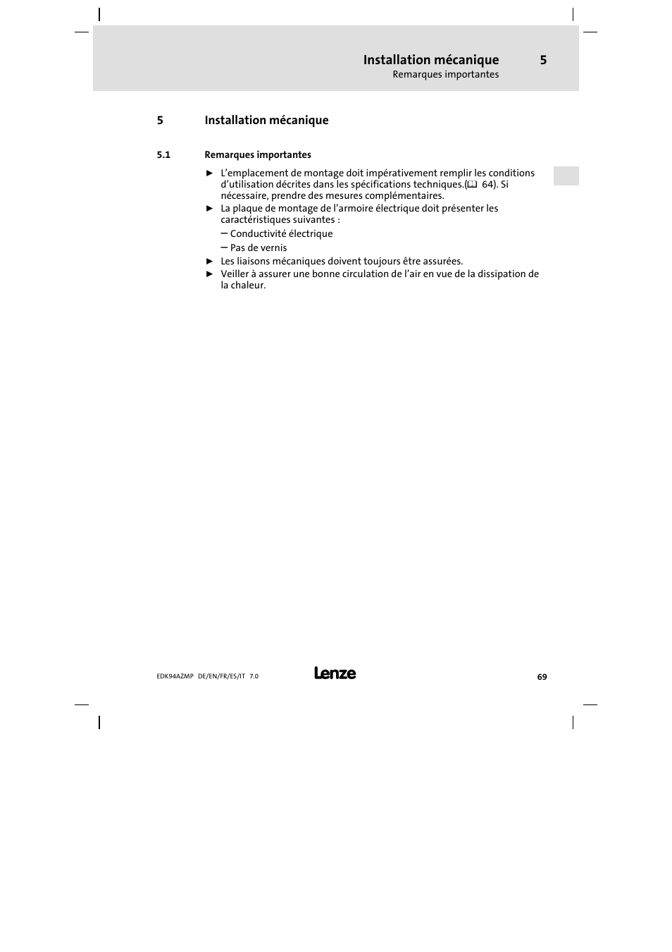 5 installation mécanique, 1 remarques importantes, Installation mécanique | Remarques importantes | Lenze E94AZMP User Manual | Page 69 / 136