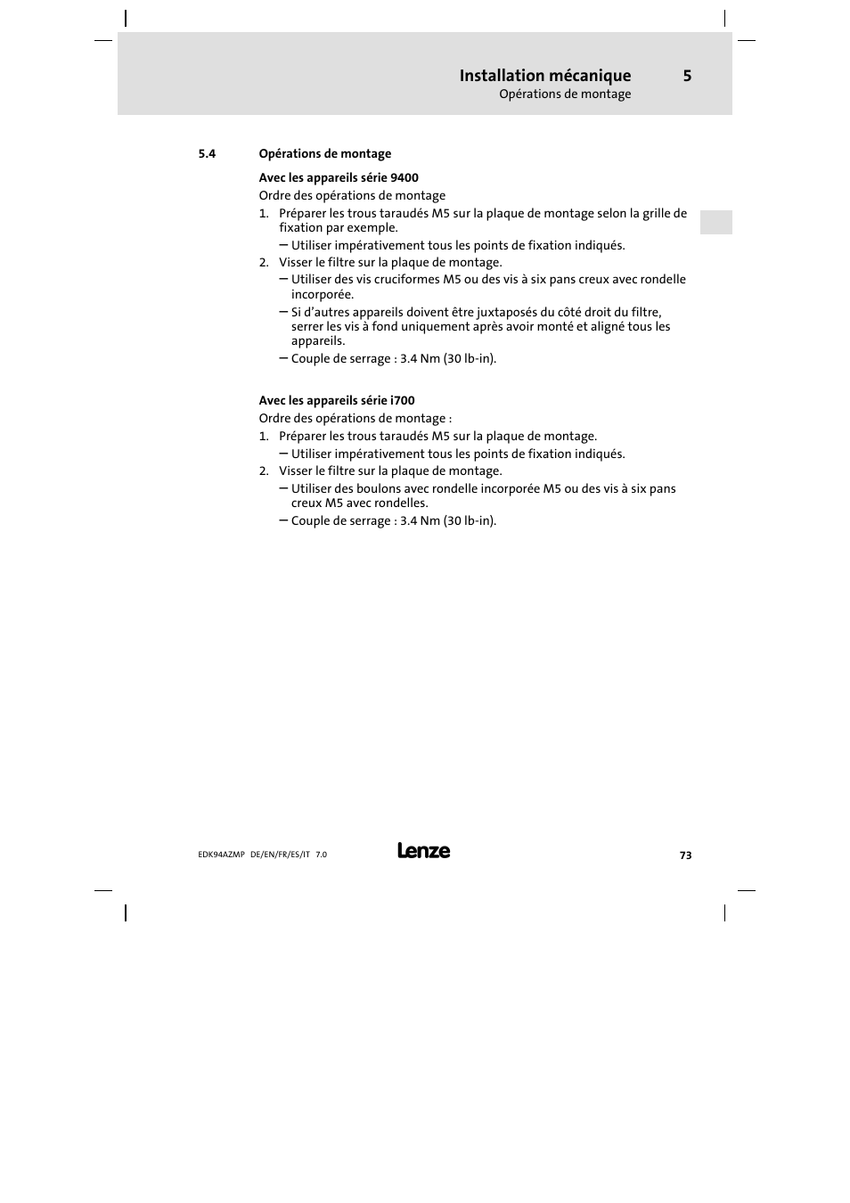 4 opérations de montage, Opérations de montage, Installation mécanique | Lenze E94AZMP User Manual | Page 73 / 136