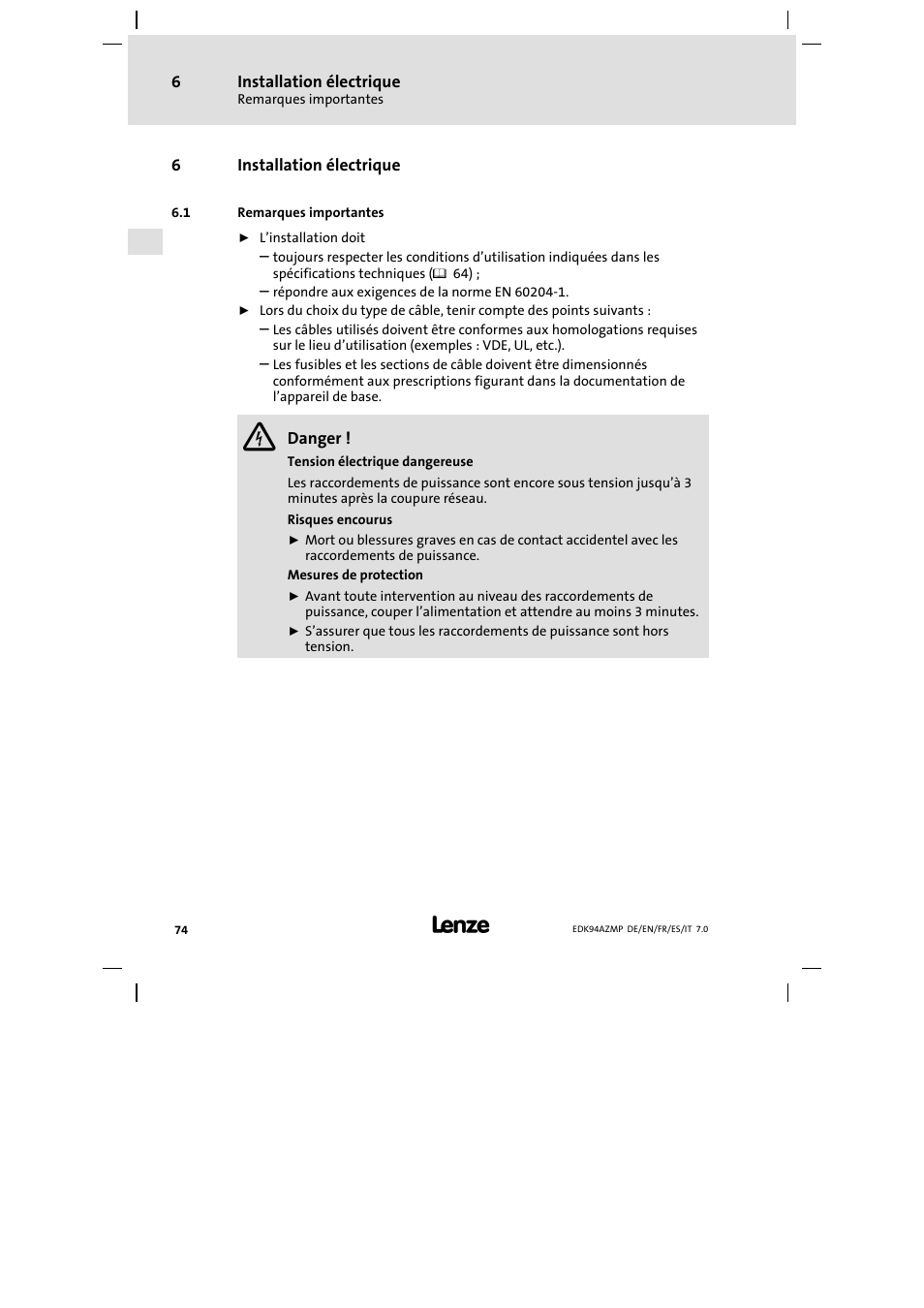 6 installation électrique, 1 remarques importantes, Installation électrique | Remarques importantes | Lenze E94AZMP User Manual | Page 74 / 136