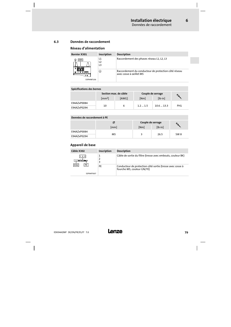 3 données de raccordement, Données de raccordement, Installation électrique | Lenze E94AZMP User Manual | Page 79 / 136